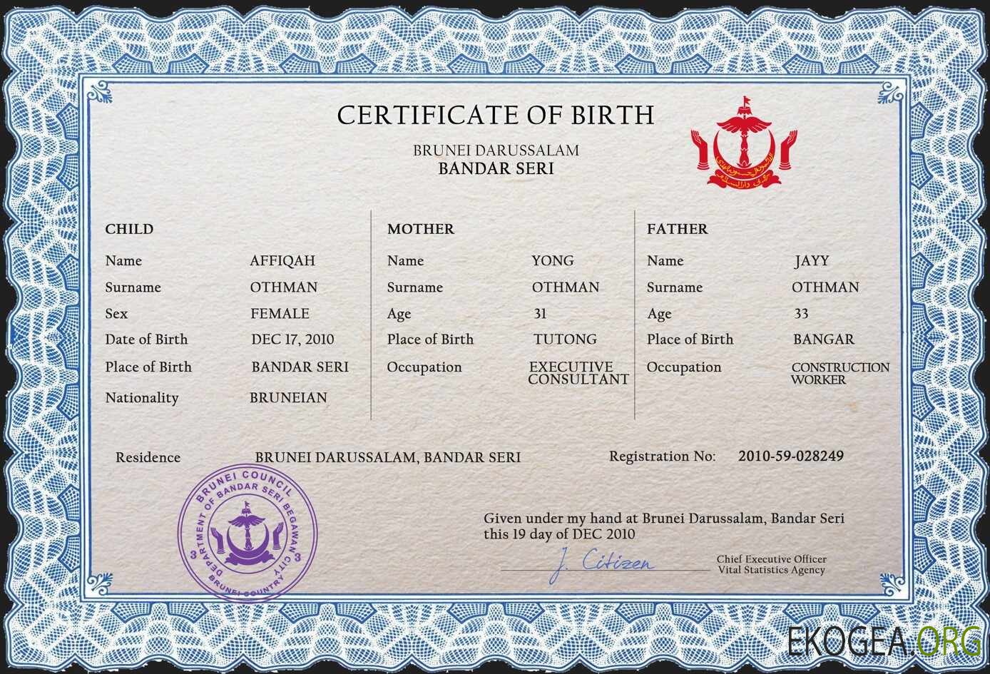 Modèle PSD de certificat de naissance de l'état civil de Brunei